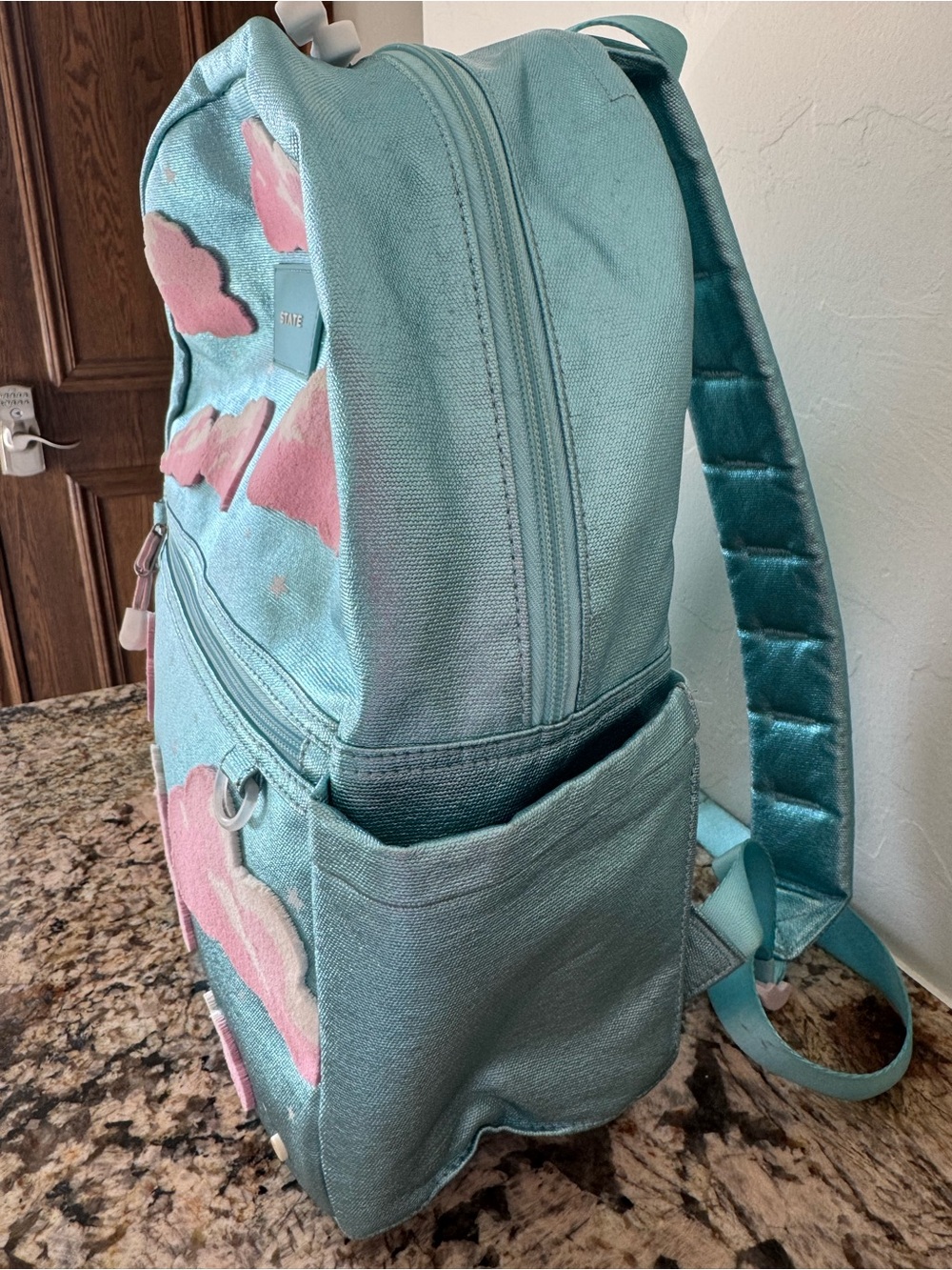 STATE Kids Metallic Teal Backpack with Pink Cloud Appliqués - Picture 4 of 4